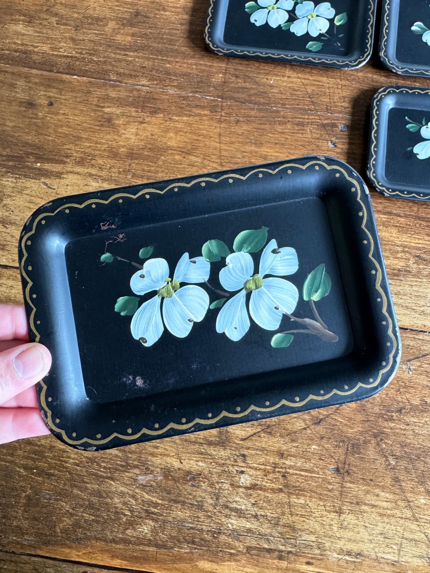 Set of Four Vintage Tole Painted Flower Trays
