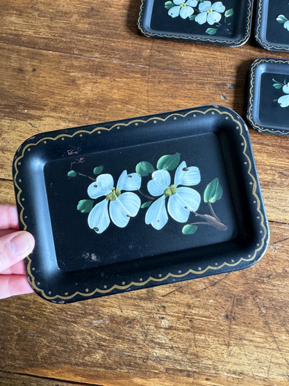 Set of Four Vintage Tole Painted Flower Trays
