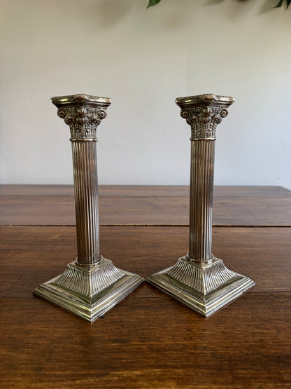 Silver Plated Column Candleholders - Greek Column Candle Holder Pair