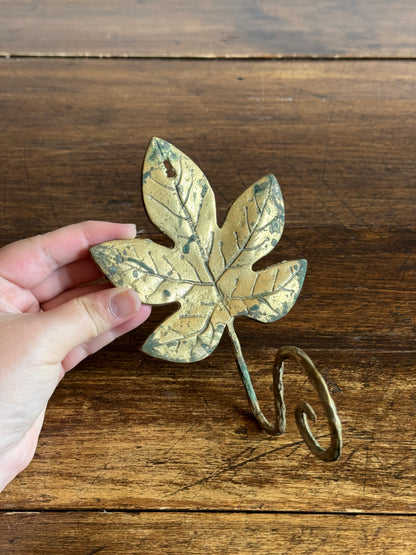 Vintage Cast Brass Leaf Hook with Swirled Hanger