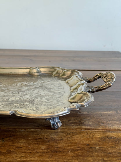 Vintage Large Leonard Silver Plated Over Brass Ornate Serving Platter with Raised Feet and Etched Detailing - Silver Plated Butler Tray