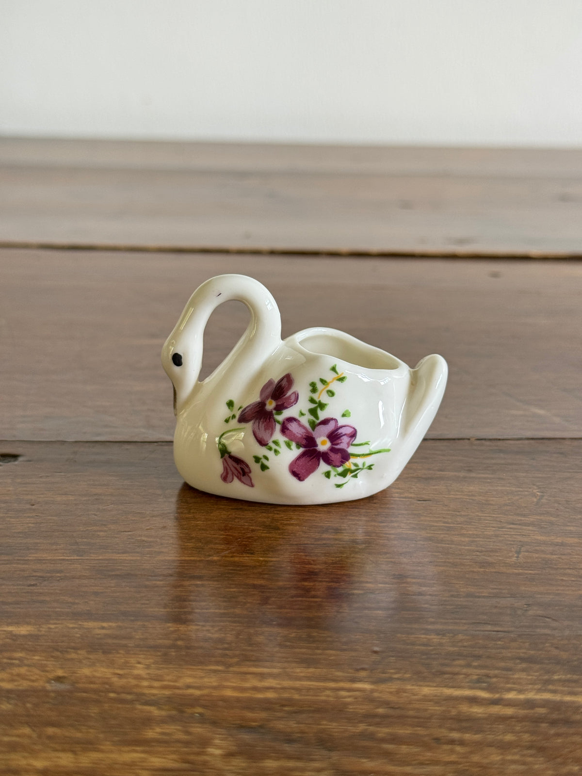 Vintage Ceramic Bird with Purple Flower Detailing - Swan Miniature Holder
