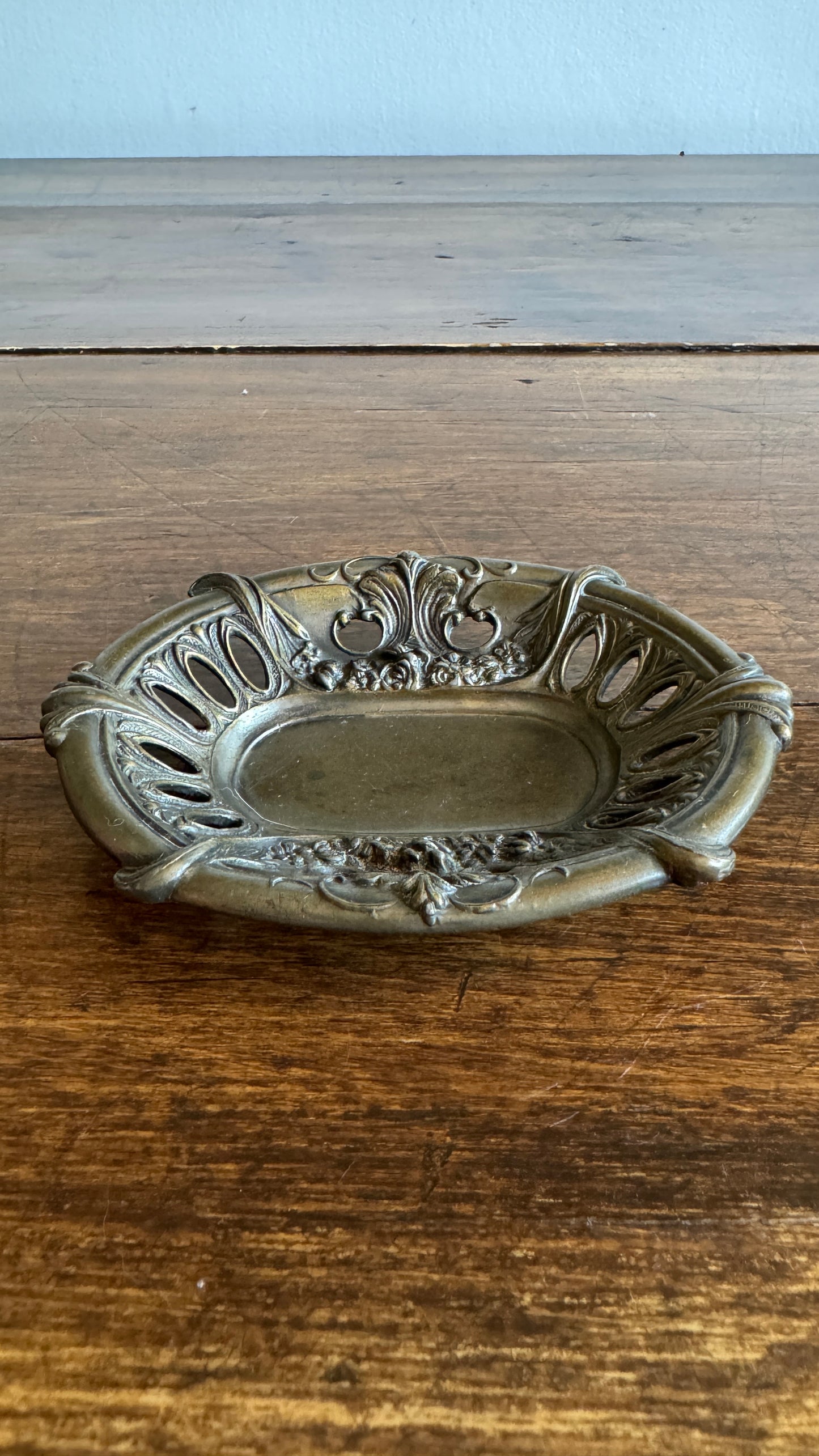 Vintage Embossed Metal Art Nouveau Dish with Ornate Detailing