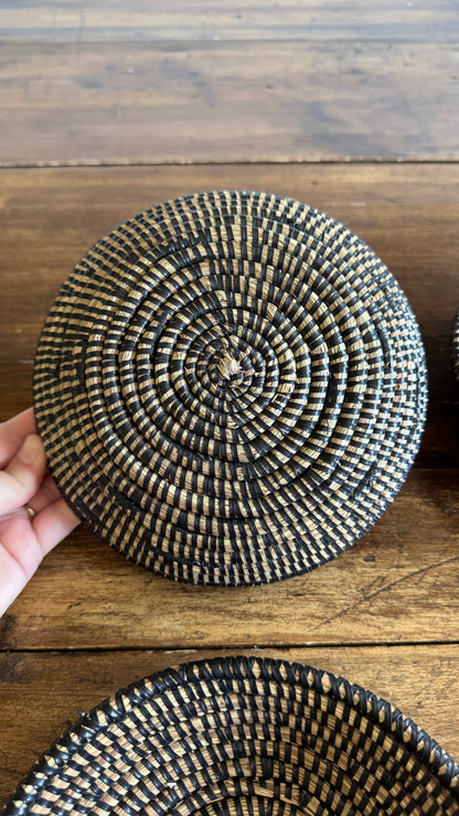 Set of Three Woven Sweet Grass Baskets with Black Accents