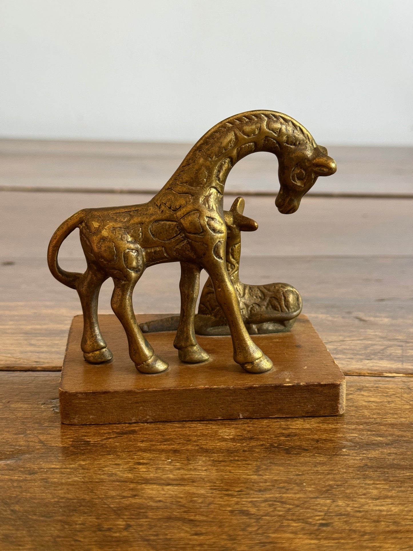 Vintage Small Brass Giraffes on Wooden Base