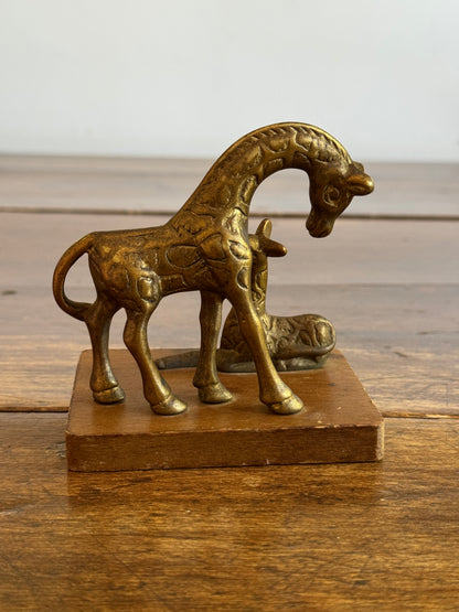 Vintage Small Brass Giraffes on Wooden Base