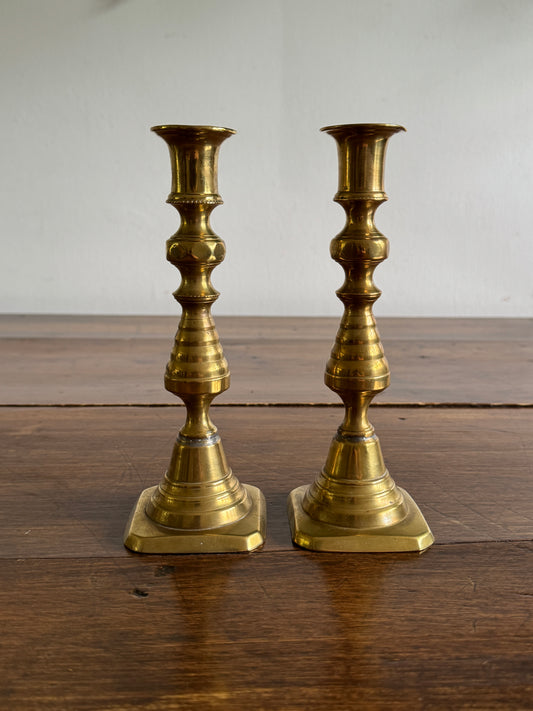 Vintage English Brass Candleholders Mixed Pair