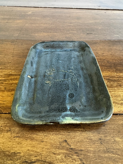Small Blue Pottery Trinket Dish with Flower Design