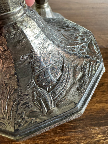Pair of Etched Silver-Tone Repousse Candle Holders