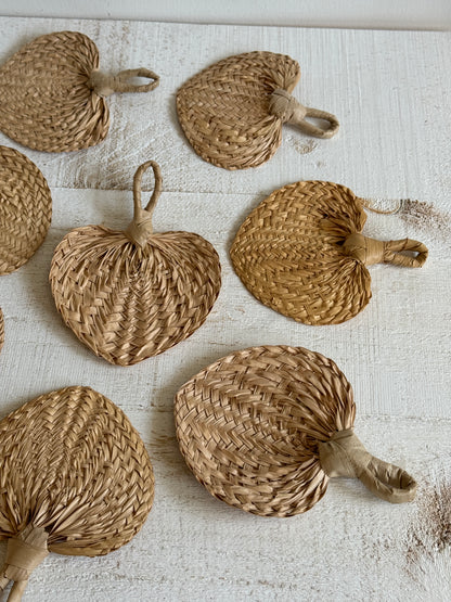 Vintage Lot of Natural Woven Hand Fan Wall Decor - Handheld Boho Mini Fans