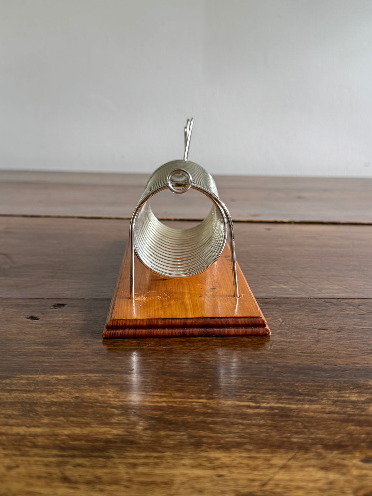Vintage Dog Shaped Coil Letter Holder - Silver-Tone Metal on Wood Base