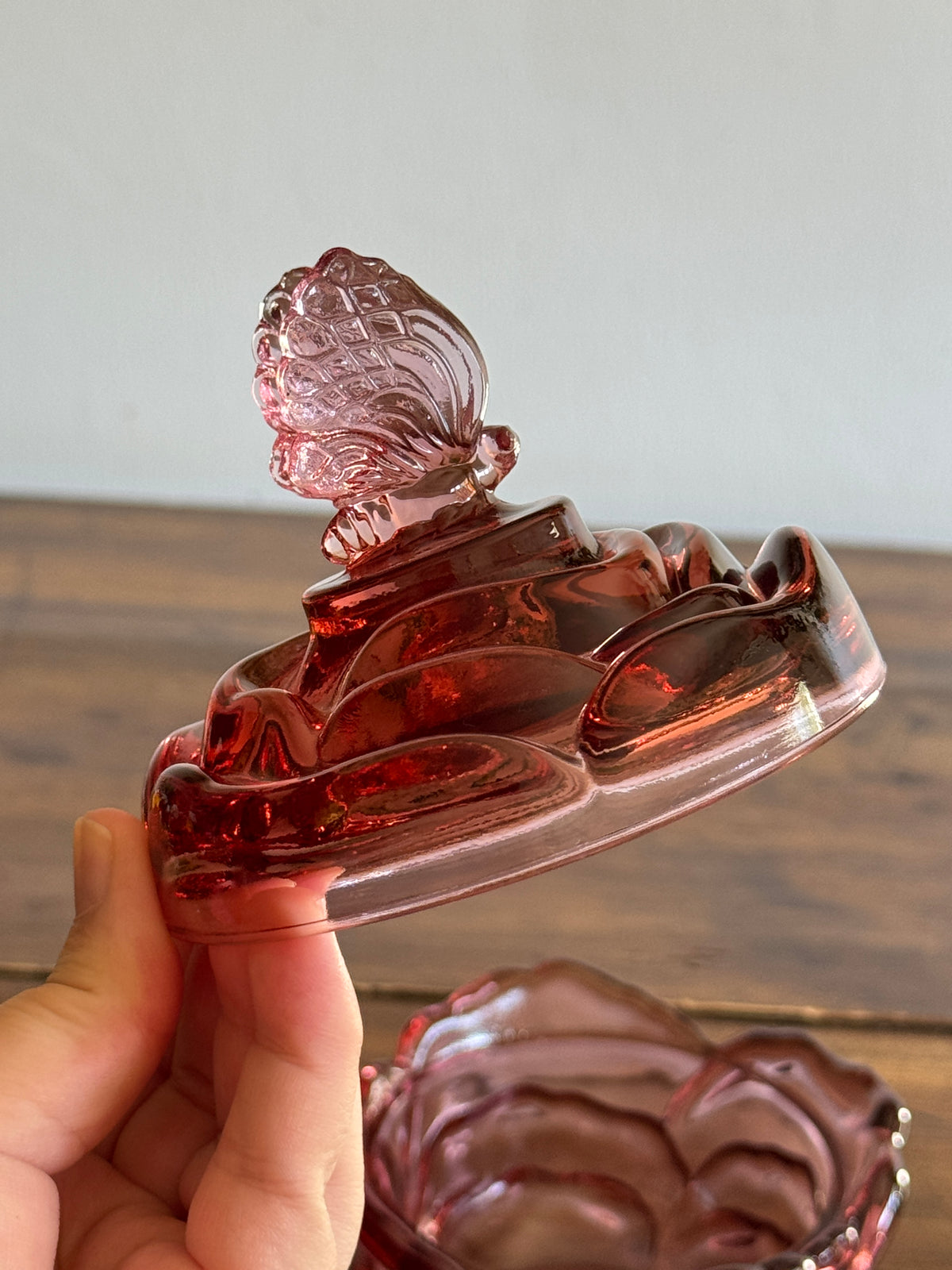 Vintage Fenton Pink Dusty Rose Butterfly Trinket Dish with Lid