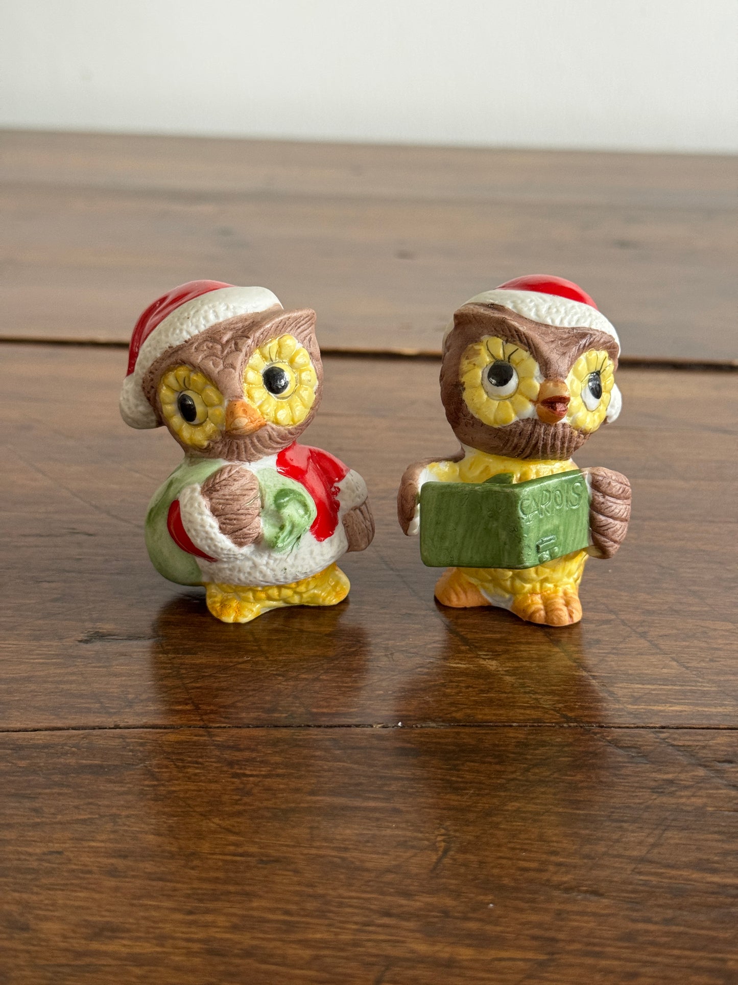 Vintage Set of Two Christmas Owl Figurines - Owl Caroling Decor