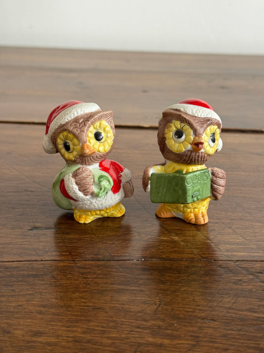 Vintage Set of Two Christmas Owl Figurines - Owl Caroling Decor