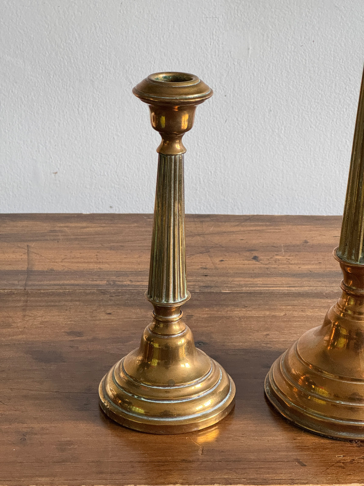 Vintage Pair of Brass Candlestick Holders with Ribbed Post and Weighted Bases