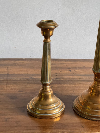 Vintage Pair of Brass Candlestick Holders with Ribbed Post and Weighted Bases