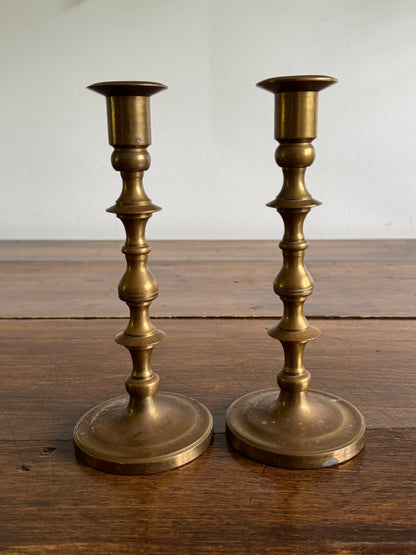 Vintage Heavy Brass Candleholder Pair with Rounded Bases