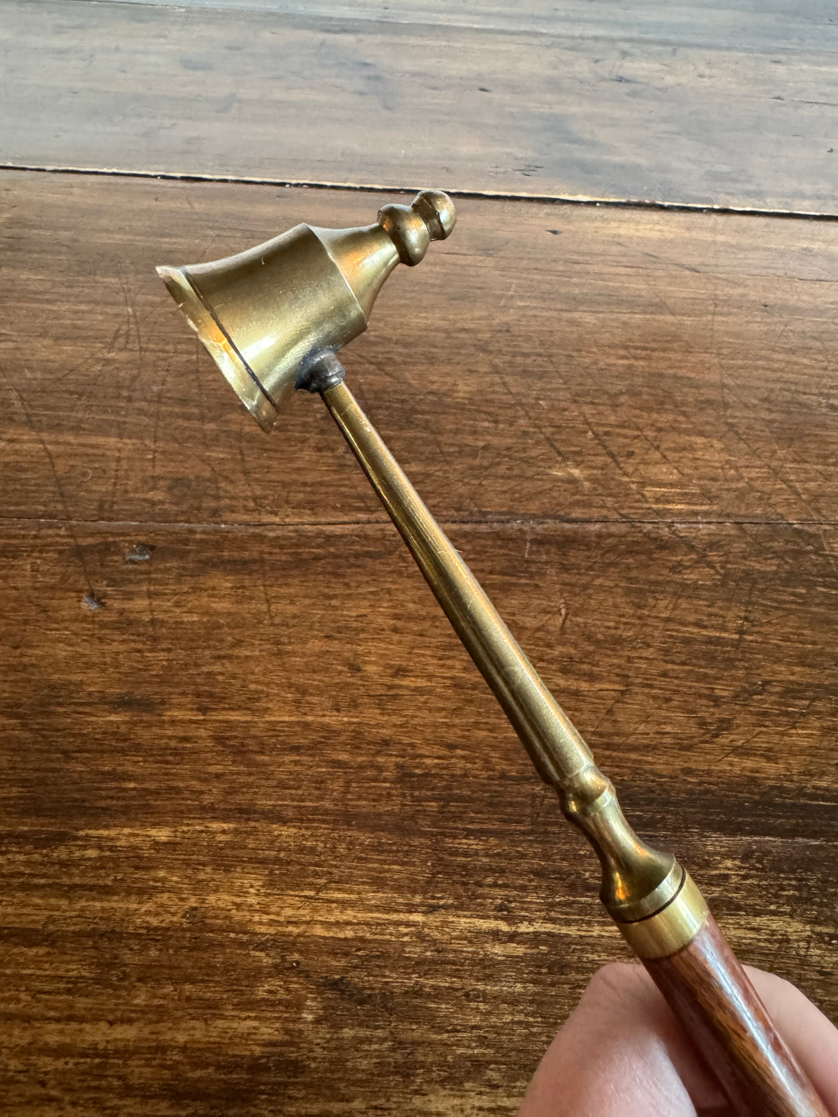 Wood and Brass Candle Snuffer with Ornate Cup