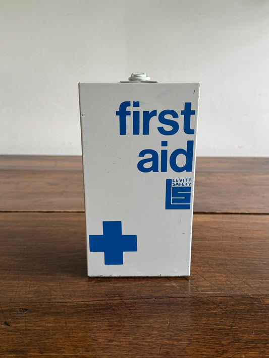 White with Blue Writing Metal First Aid Kit by Levitt Safety