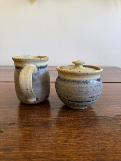 Vintage Pottery Cream and Sugar Dishes with Cream and Blue Colouring