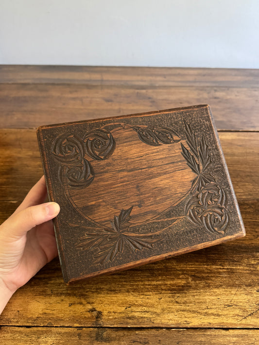 Antique Wood Carved Box with Floral Design and Deep Patina