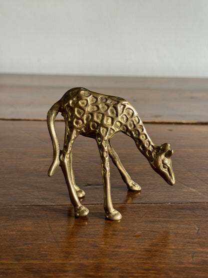 Small Brass Giraffe Figurine - Vintage Brass Grazing Giraffe