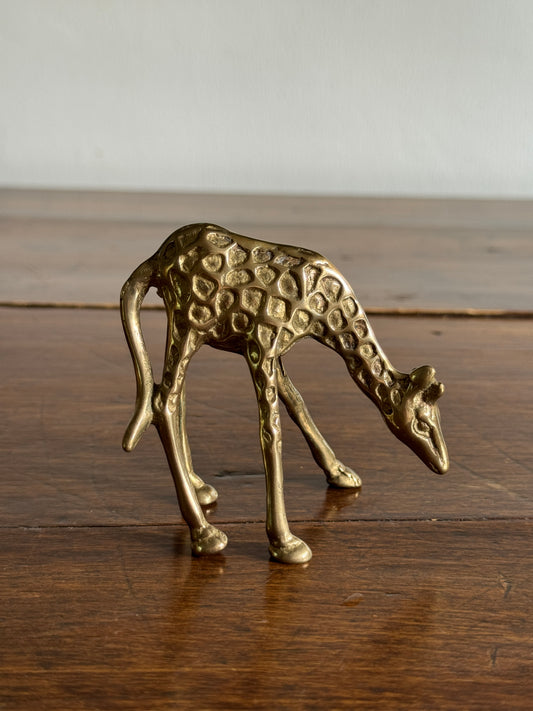 Small Brass Giraffe Figurine - Vintage Brass Grazing Giraffe