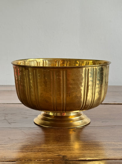 Vintage Shiny Brass Raised Bowl with Hammered Texture and Grooved Sides