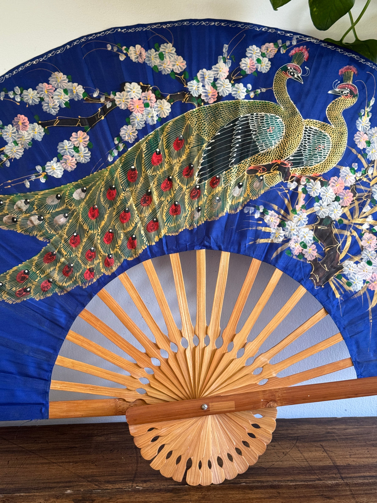 Extra Large Painted Fabric Fan with Peacock and Flowers