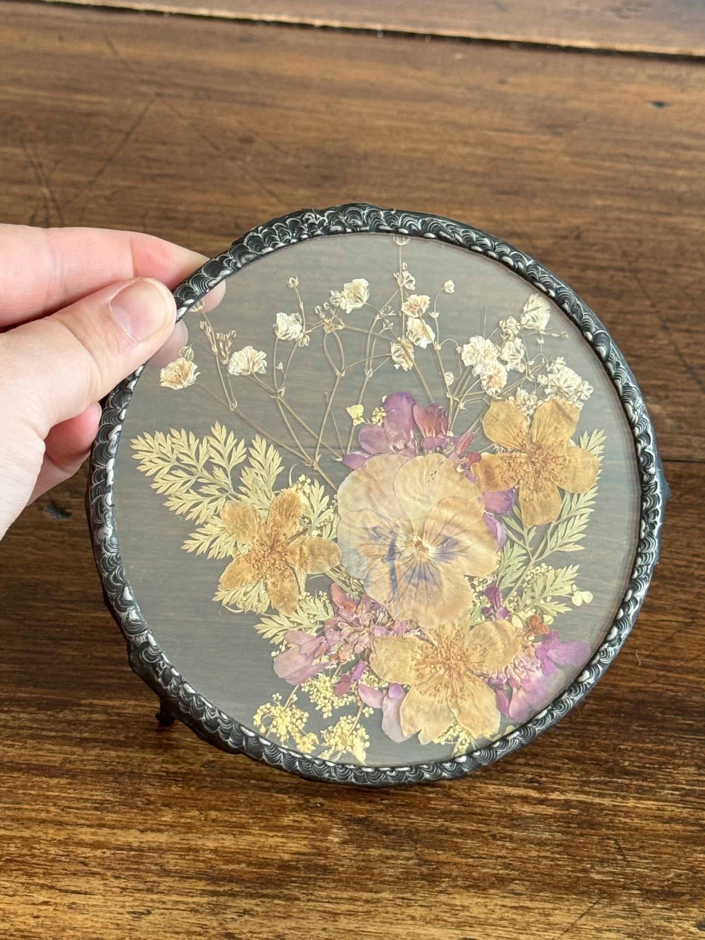 Vintage Pressed Flower Glass Trivet with Metal Edge and Feet