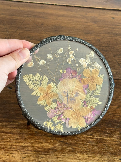 Vintage Pressed Flower Glass Trivet with Metal Edge and Feet