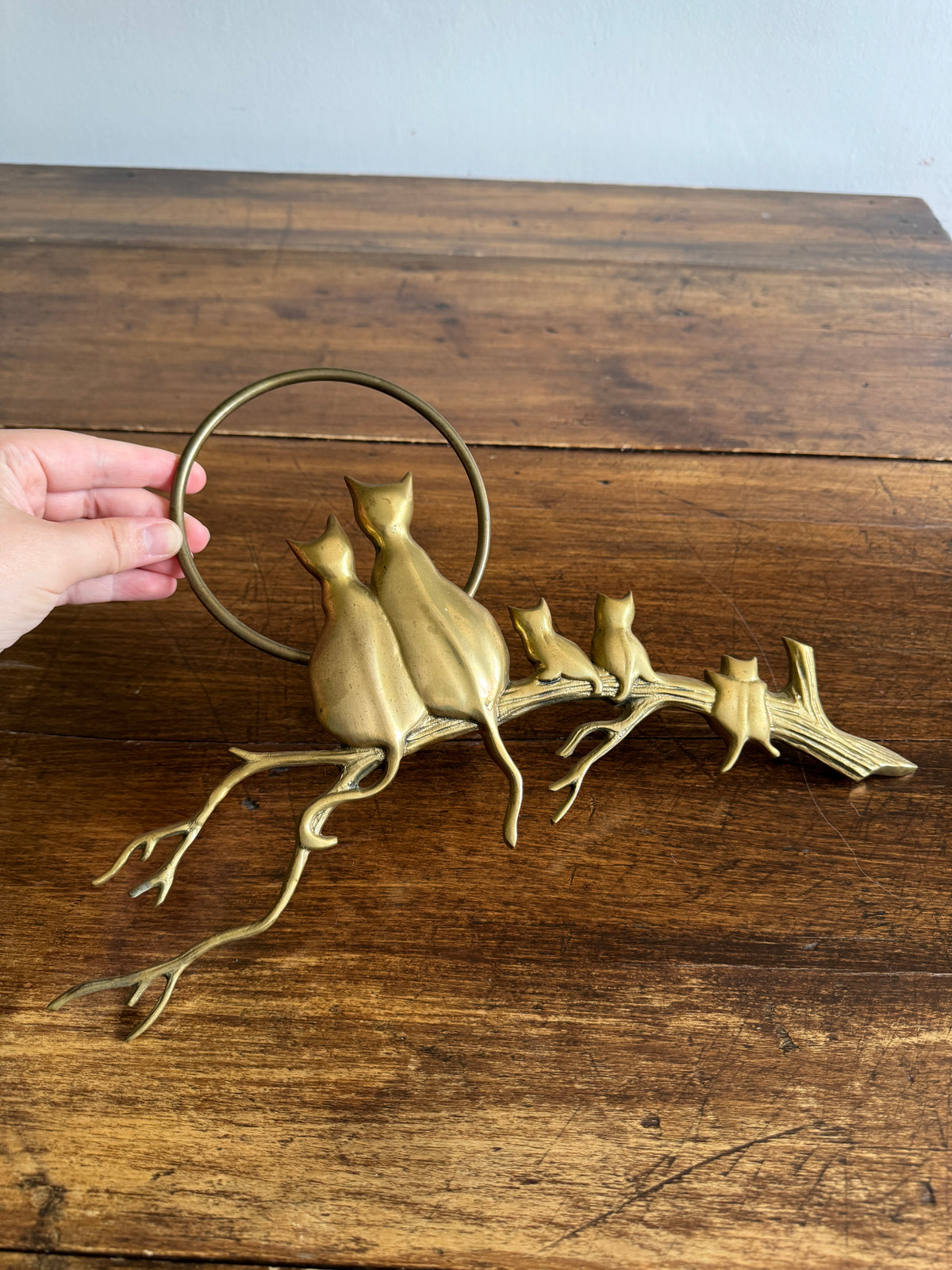 Brass Cats on Branch with Moon Wall Hanging Sculpture