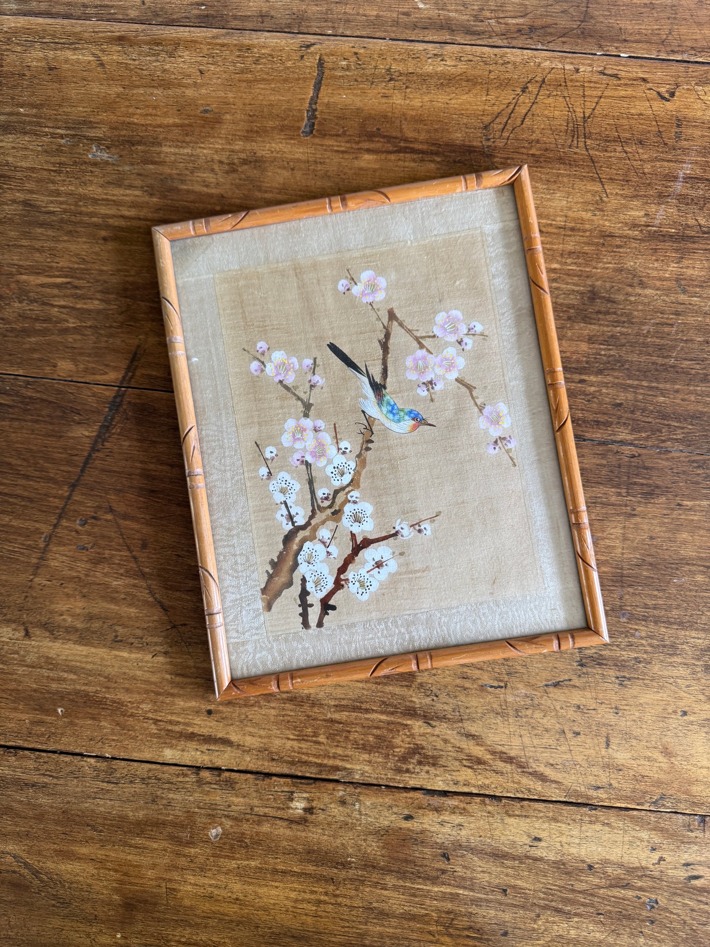 Vintage Bird Painting on Fabric Artwork in Simplistic Wooden Frame
