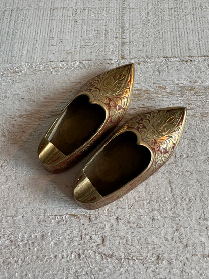Vintage Pair of Brass with Enamel Shoe Figures - Collectible Ashtray Holder Shaped Like Shoes