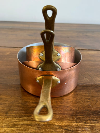 Vintage Three Piece Copper and Brass Pots and Pan Set
