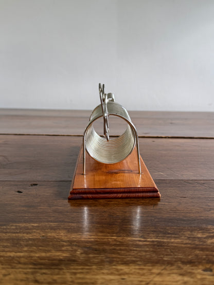 Vintage Dog Shaped Coil Letter Holder - Silver-Tone Metal on Wood Base