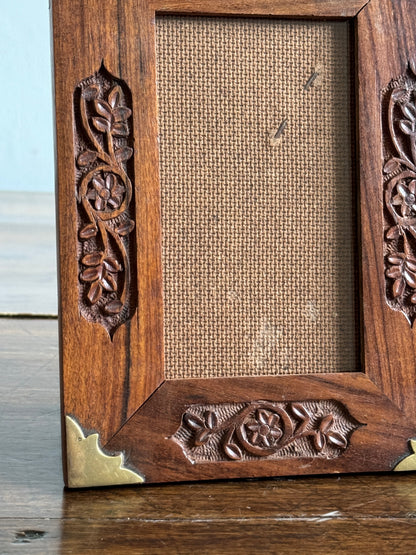Wood Etched Frame with Floral Carvings and Brass Accents - Made in India