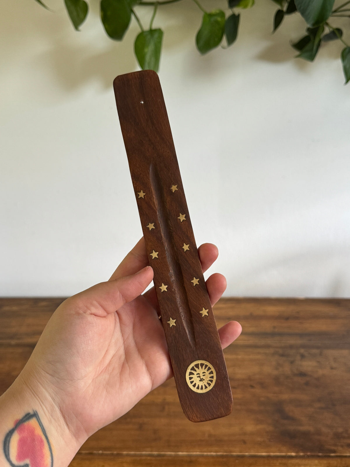 PICK ONE: Wood with Brass Inlay Incense Holder with Moon or Sun Design