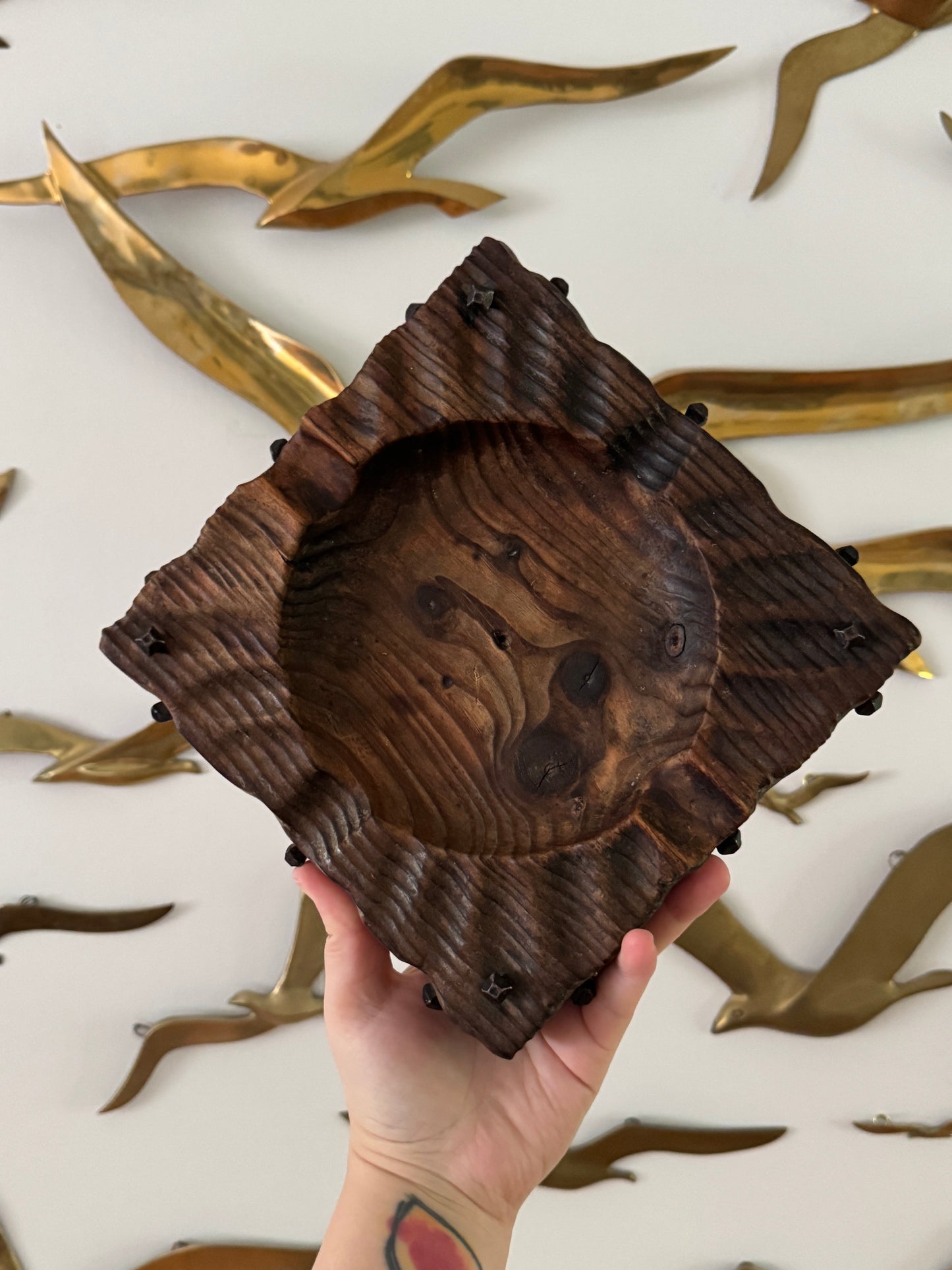 Rustic Wood Ashtray or Catchall Bowl with Metal Nail Accents