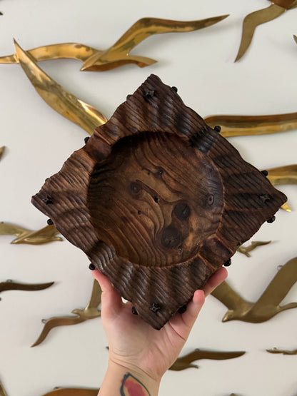 Rustic Wood Ashtray or Catchall Bowl with Metal Nail Accents