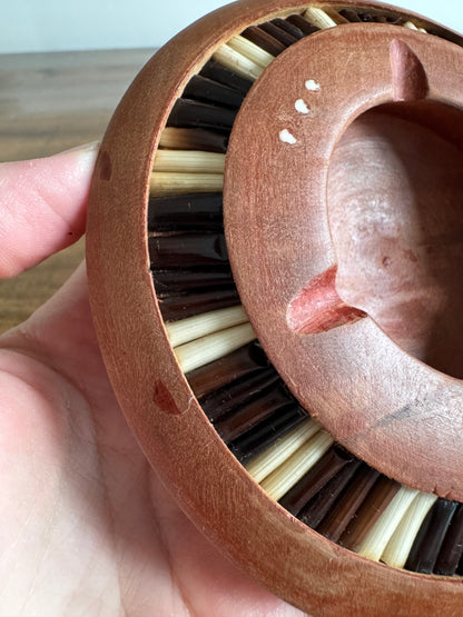Vintage Wood Inlay Ashtray with Decorative African Porcupine Quill and Bone Design