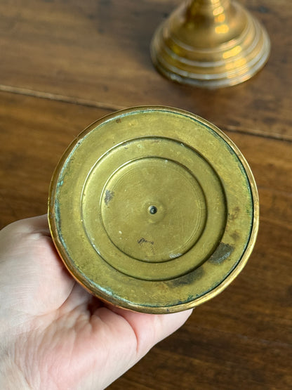 Vintage Pair of Brass Candlestick Holders with Ribbed Post and Weighted Bases