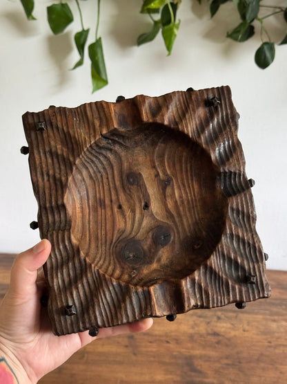 Rustic Wood Ashtray or Catchall Bowl with Metal Nail Accents
