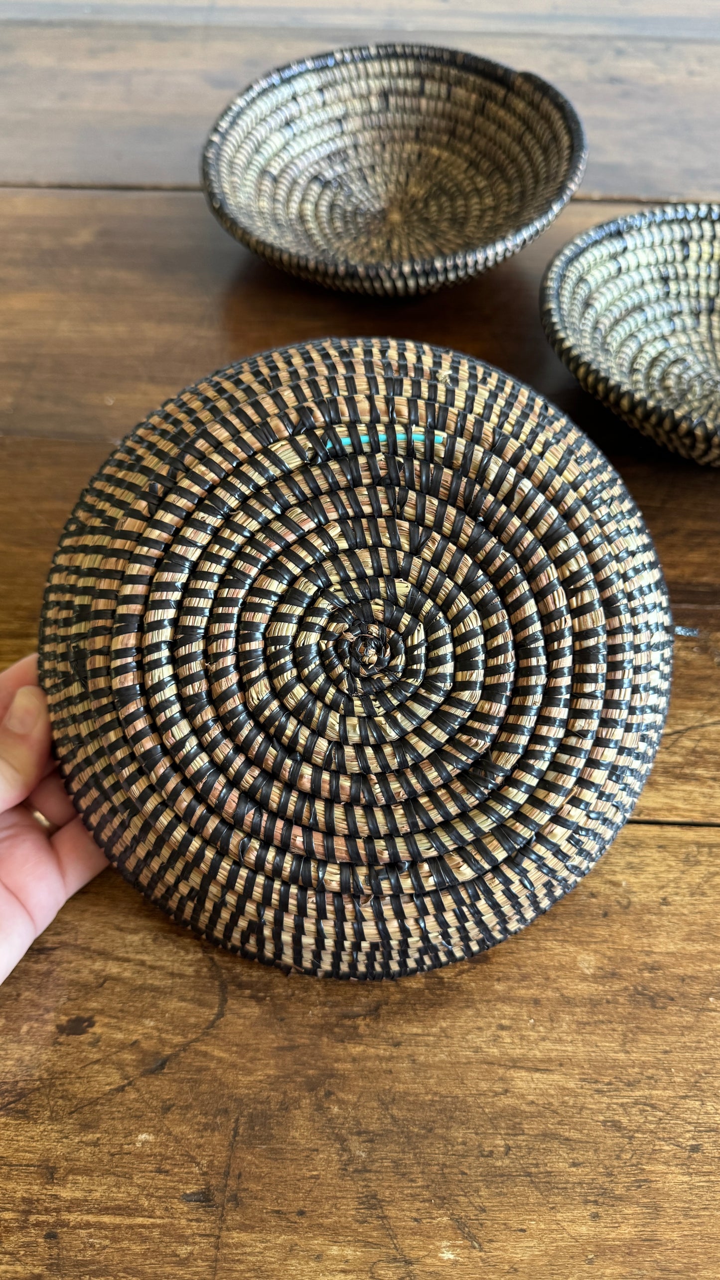 Set of Three Woven Sweet Grass Baskets with Black Accents