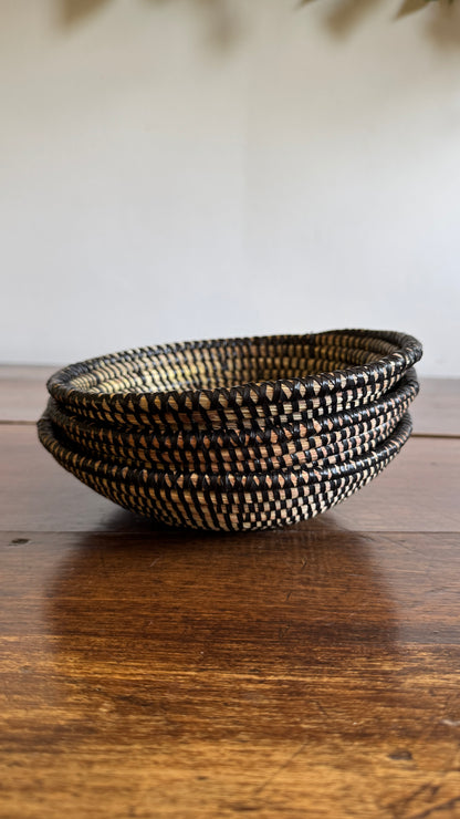 Set of Three Woven Sweet Grass Baskets with Black Accents