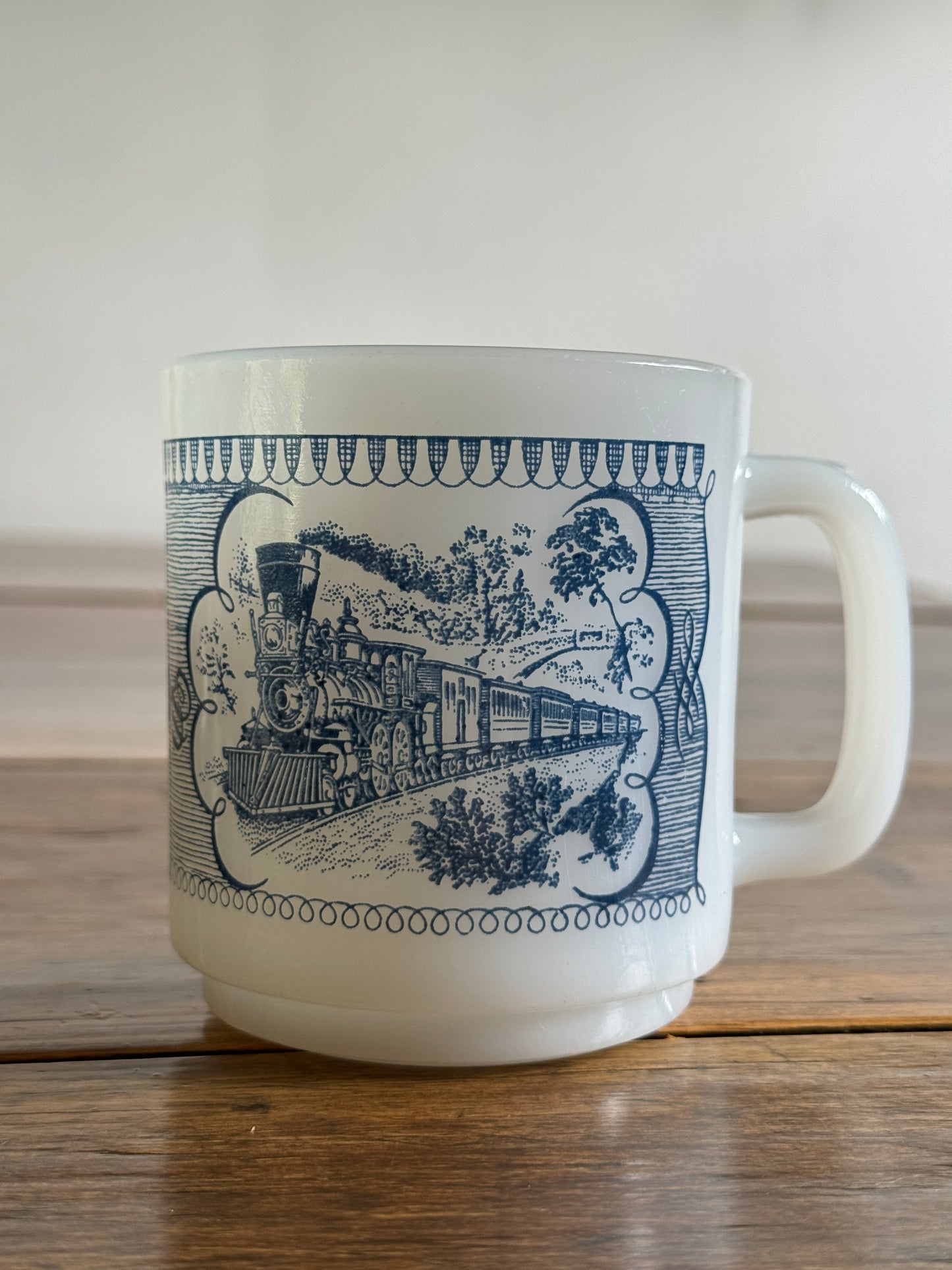 Vintage White Milk Glass Mug with Blue Vintage Train Design