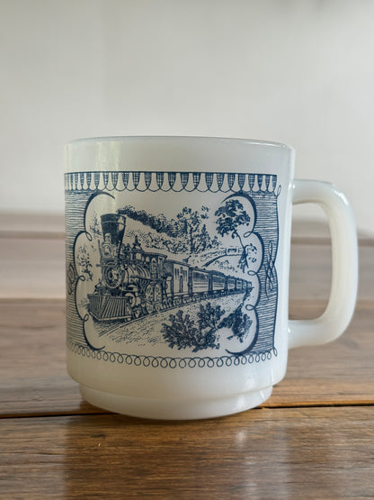 Vintage White Milk Glass Mug with Blue Vintage Train Design