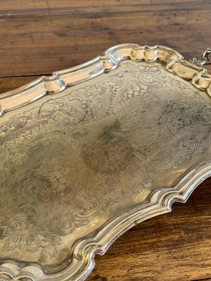 Vintage Large Leonard Silver Plated Over Brass Ornate Serving Platter with Raised Feet and Etched Detailing - Silver Plated Butler Tray