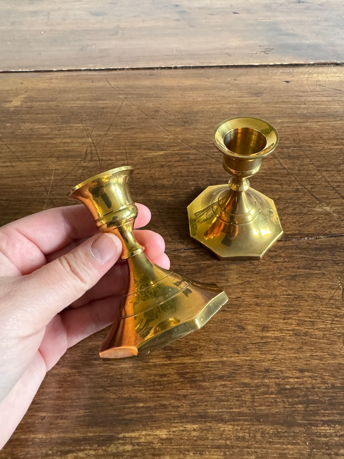 Vintage Pair of Shiny Brass Candlestick Holders