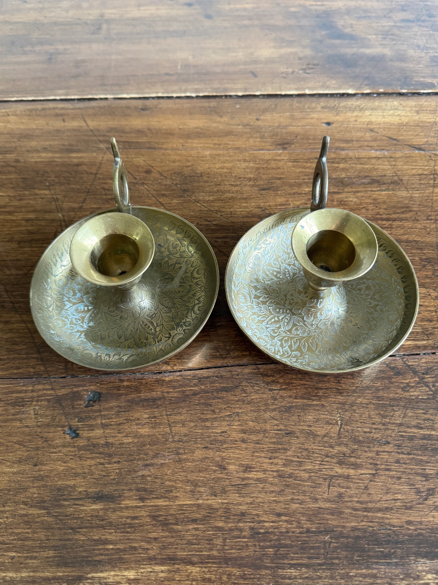 Vintage Brass Etched Floral Candle Holder Pair - Made in India